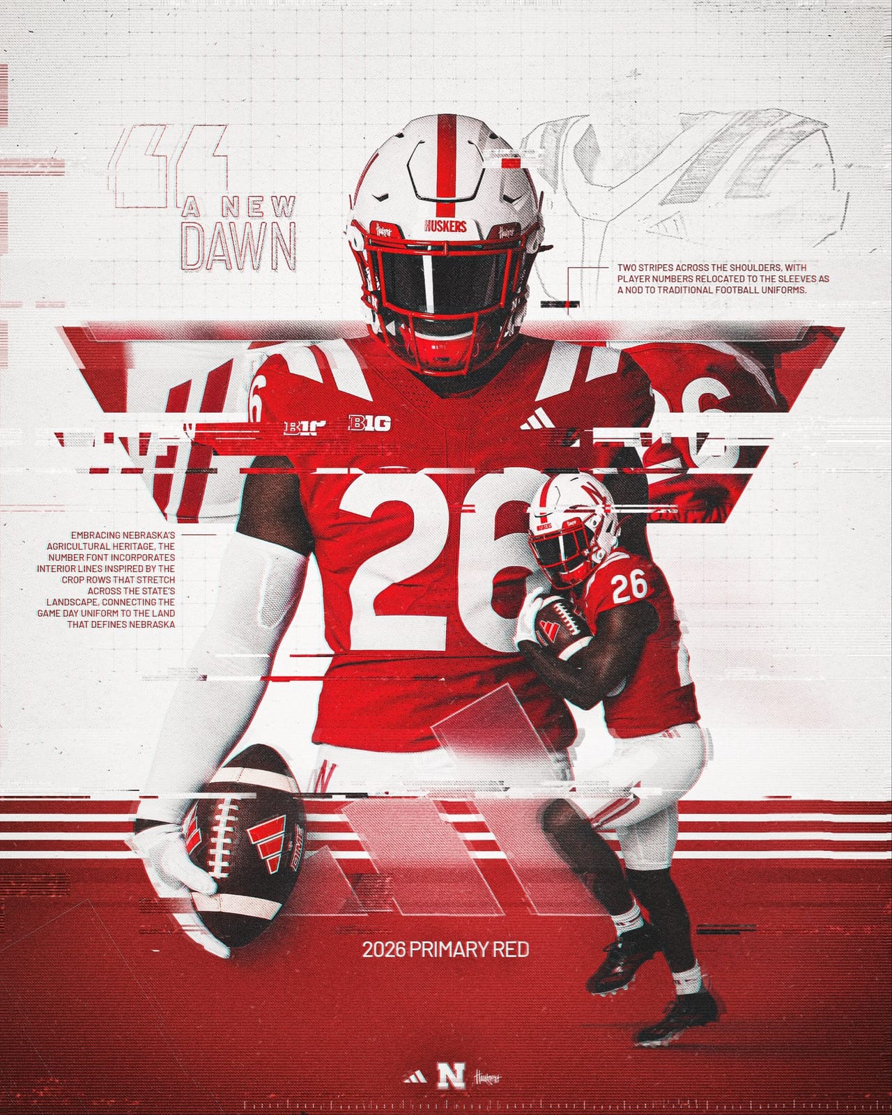 Nebraska 2026 Primary Red home uniform from adidas with the new crop-row inspired number font, two stripes across the shoulders, and TV numbers relocated to the sleeves
