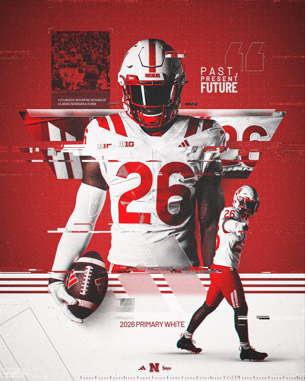 Nebraska 2026 Primary White road uniform from adidas with futuristic interpretations of classic Nebraska icons, shoulder stripes, and the new anvil-and-crop-row number font