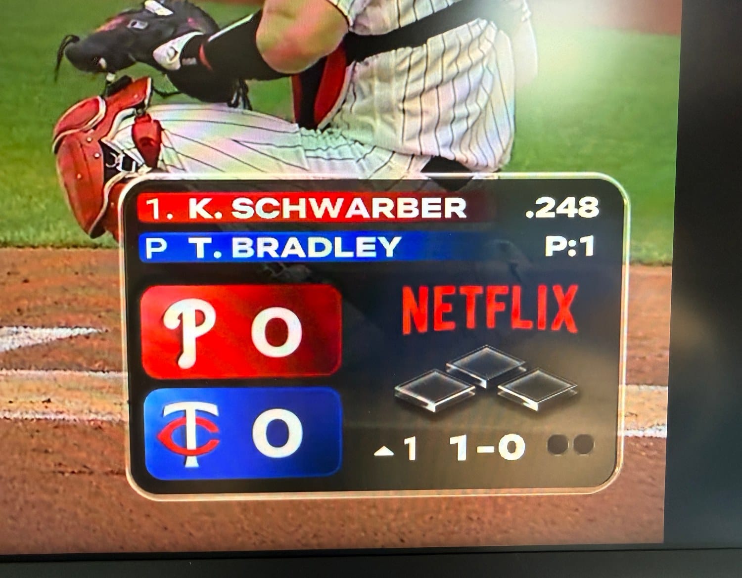 The redesigned Netflix MLB scorebug during the 2026 Field of Dreams game, showing the Schwarber batter bar in Phillies red, the pitcher bar in blue, the Phillies and Twins colour chips with the score, the Netflix wordmark, the base diamonds, the inning, the count and the outs