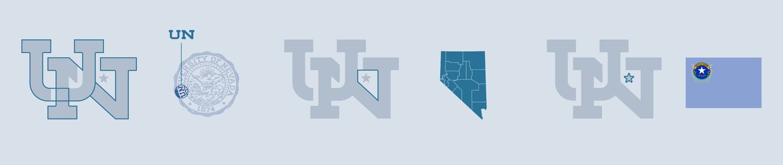 How Nevada's Interlocked UN logo was built: the UN from the University of Nevada seal, the Nevada state outline inside the letters, and the star from the Nevada state flag marking Reno