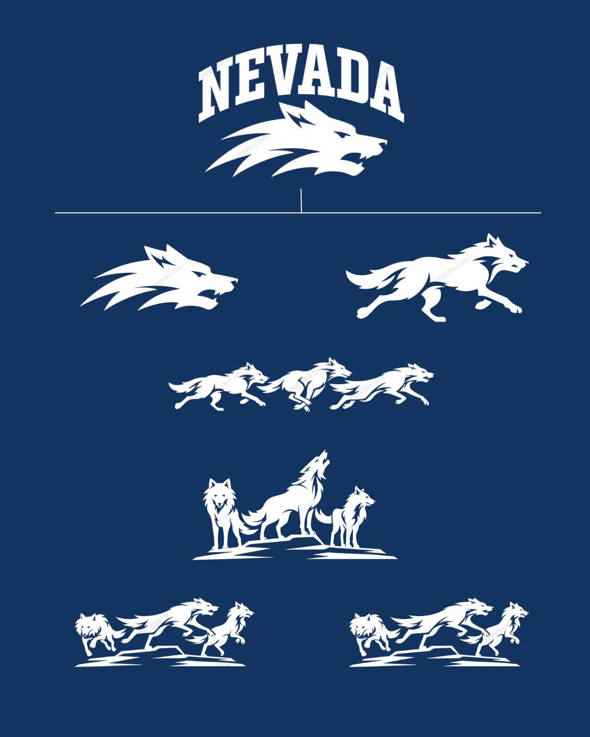 Nevada Wolf logo system: Nevada Wolf spirit mark, Nevada Wolf head, Alphie running wolf, and the Regal Trio running, standing and leaping wolf marks in white on navy