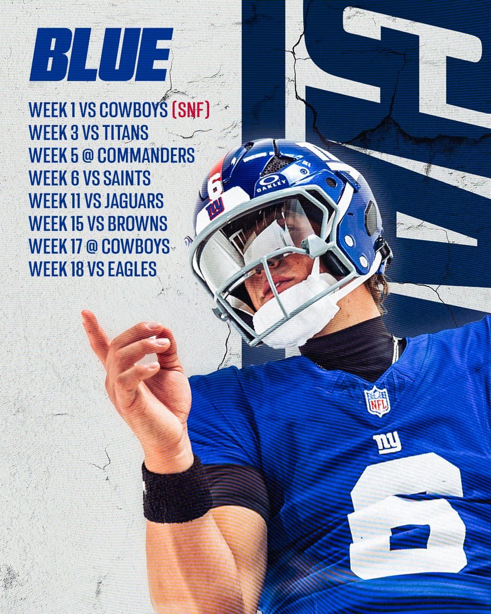 New York Giants 2026 uniform schedule graphic for the blue jersey, assigned to the Cowboys, Titans, Commanders, Saints, Jaguars, Browns, Cowboys and Eagles games, showing a quarterback in the royal blue jersey and blue NY helmet
