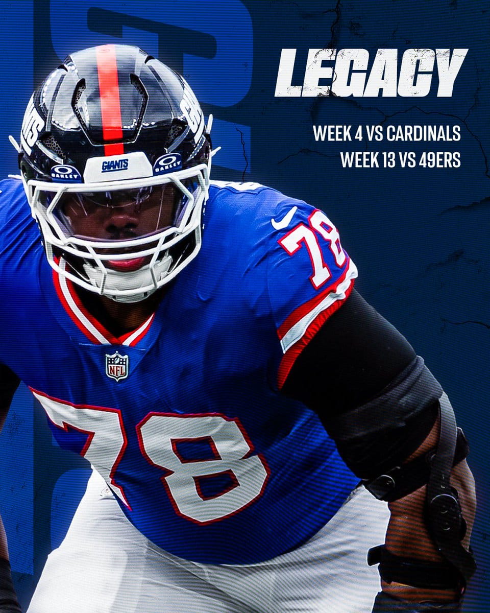 New York Giants 2026 uniform schedule graphic for the Legacy Blue throwback uniform, assigned to the Week 4 Cardinals game and the Week 13 49ers game, showing a lineman in the royal blue jersey with red and white trim and the navy GIANTS wordmark helmet