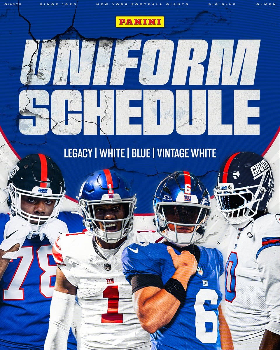 New York Giants 2026 uniform schedule announcement graphic showing the four uniforms for the season: Legacy Blue, white, blue, and Vintage White, with players in each set