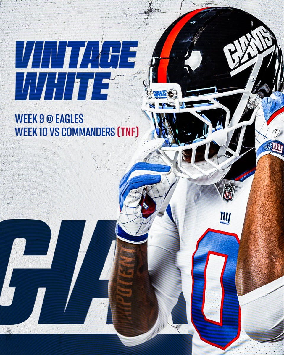 New York Giants 2026 uniform schedule graphic for the Vintage White uniform, assigned to the Week 9 game at the Eagles and the Week 10 Thursday night game against the Commanders, showing a player in the white jersey with blue numbers outlined in red and the navy GIANTS wordmark helmet