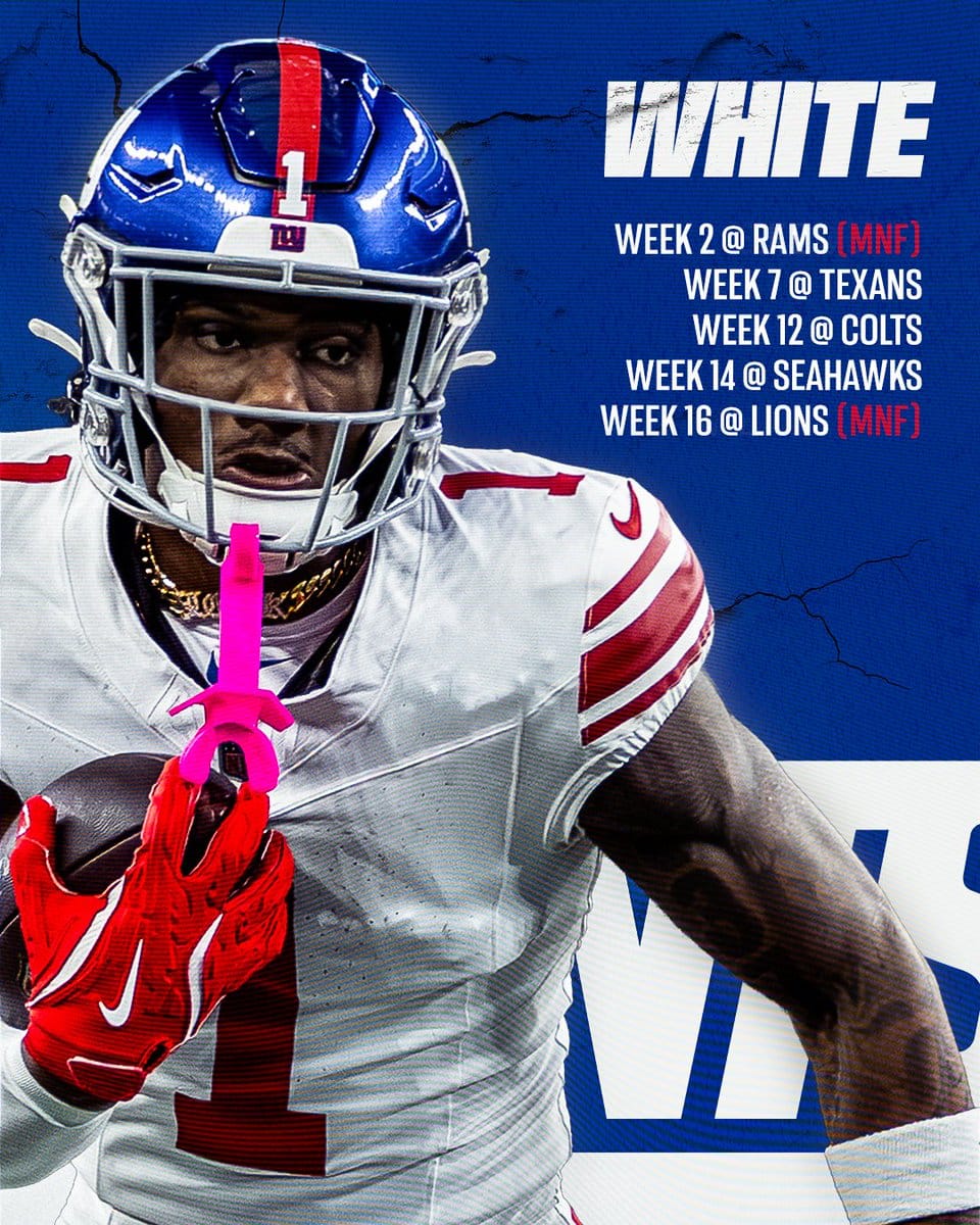 New York Giants 2026 uniform schedule graphic for the white jersey, assigned to the road games at the Rams, Texans, Colts, Seahawks and Lions, showing a receiver in the white jersey with red numbers and the blue NY helmet