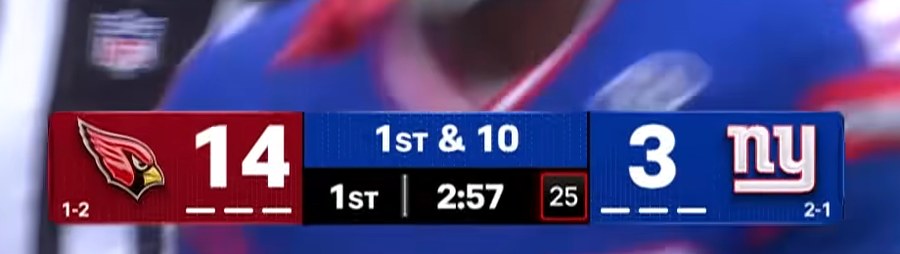 CBS NFL scorebug 2026 from Cardinals at Giants in Week 4