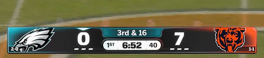ESPN Monday Night Football scorebug 2026 from Eagles at Bears in Week 3