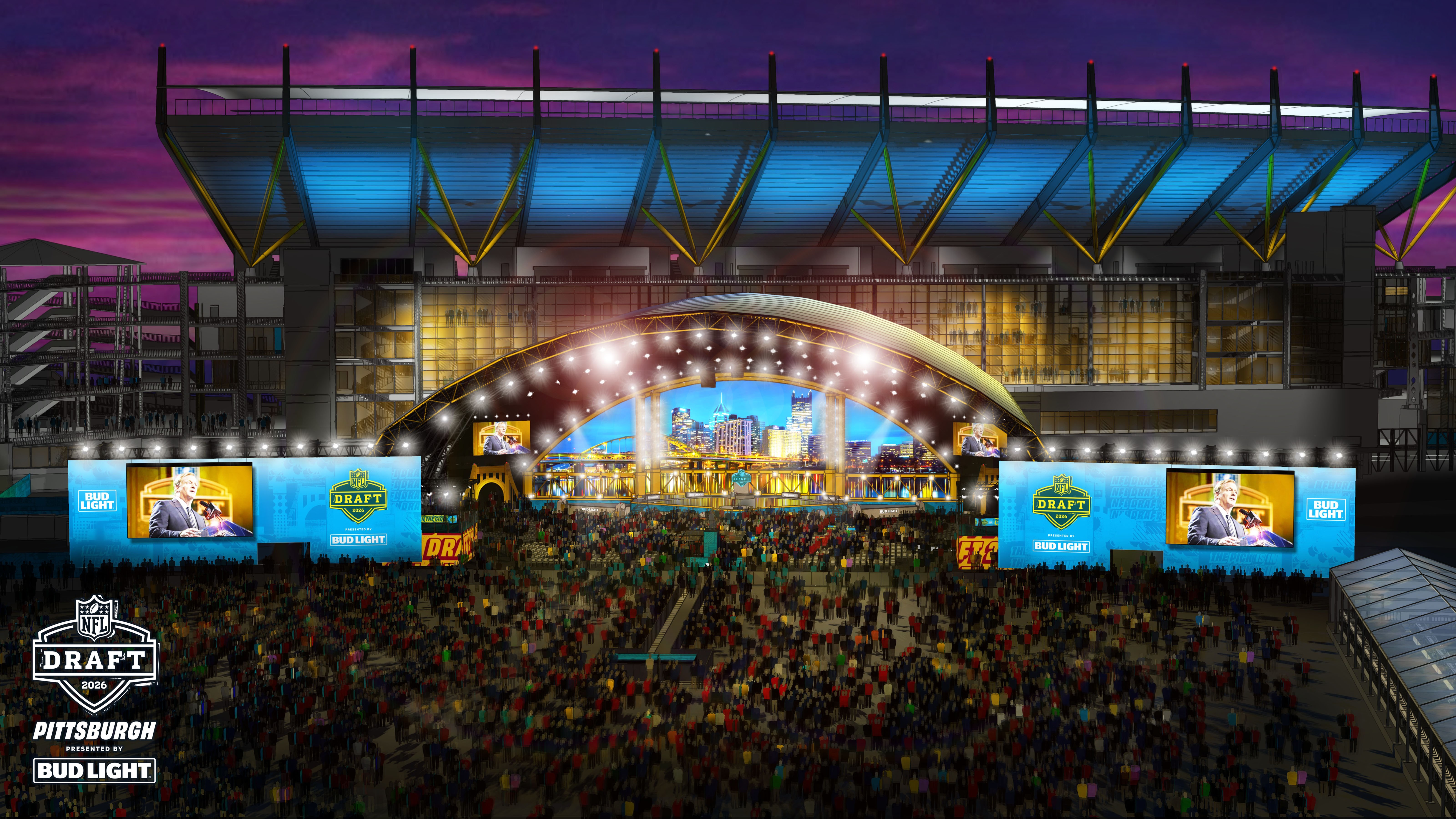 2026 NFL Draft Main Stage and Draft Theater rendering at Acrisure Stadium in Pittsburgh with LED screens and NFL Draft Pittsburgh presented by Bud Light branding