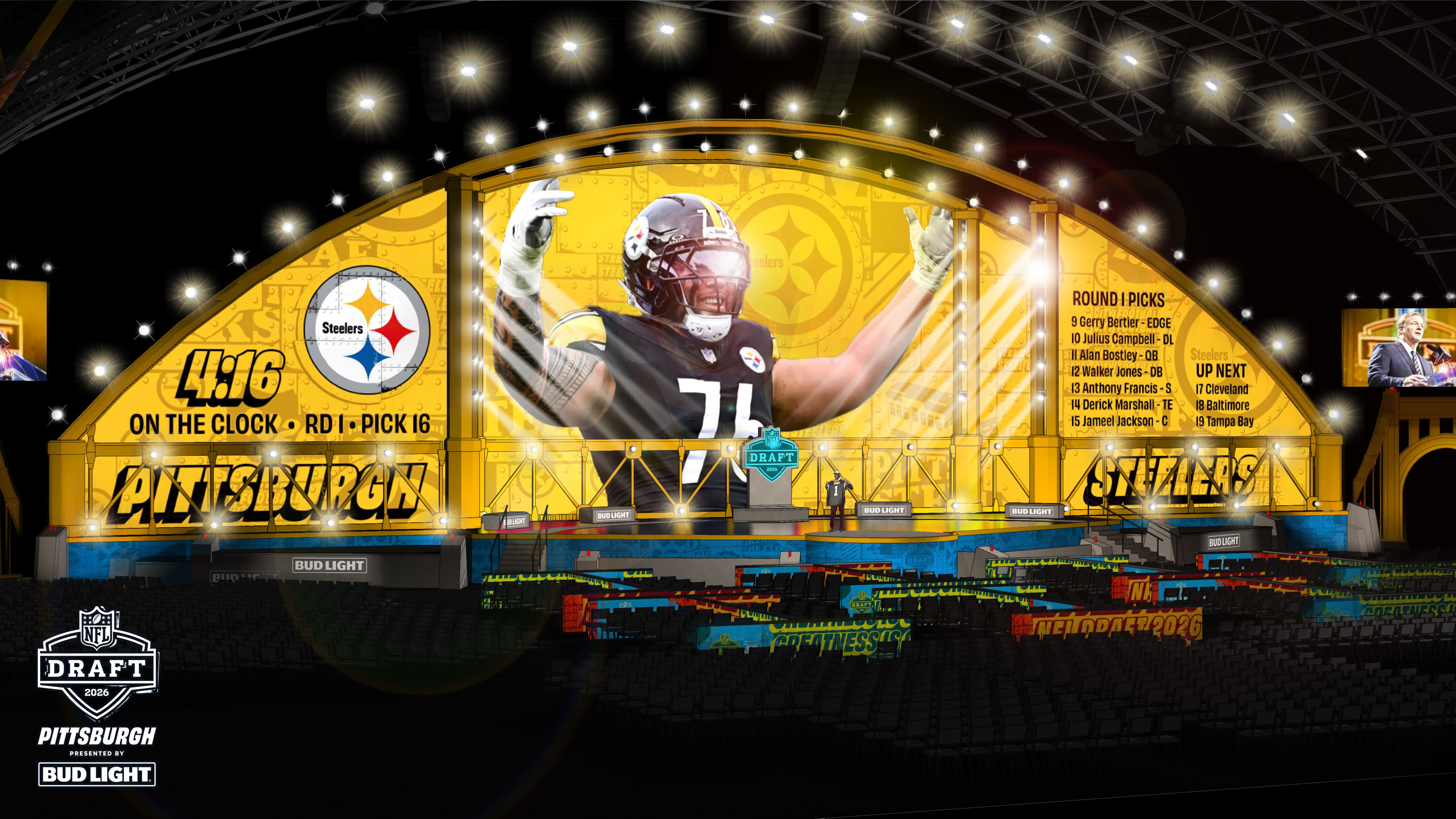 2026 NFL Draft Main Stage rendering in Pittsburgh showing a Steelers pick on the LED screen with PITTSBURGH and STEELERS end zone branding and Round 1 picks ticker for the Bud Light presented Draft