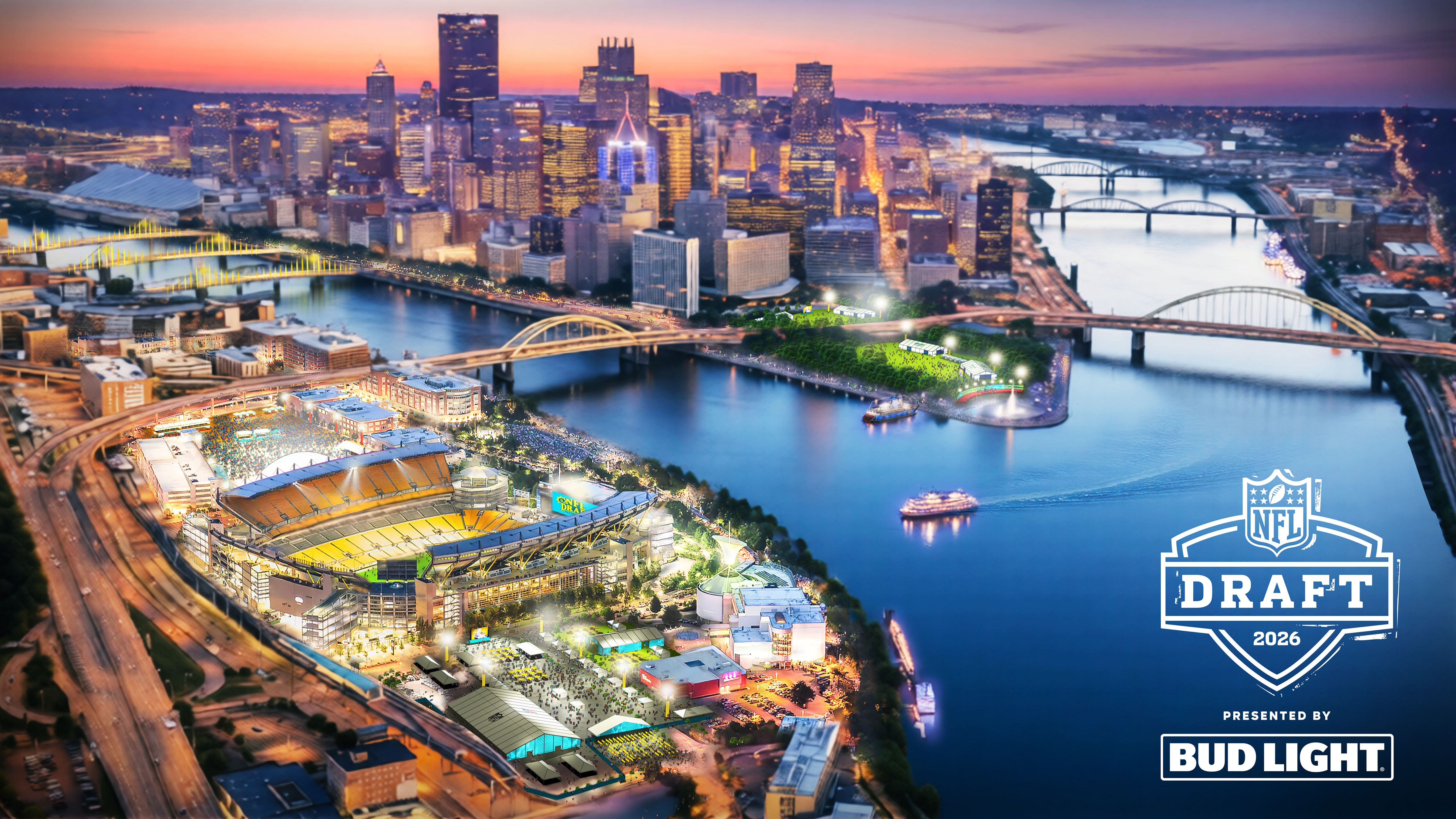 2026 NFL Draft Pittsburgh aerial rendering showing the downtown Pittsburgh skyline at twilight with the Acrisure Stadium Draft footprint, Point State Park fan festival, the confluence of the three rivers, and the NFL Draft 2026 presented by Bud Light logo