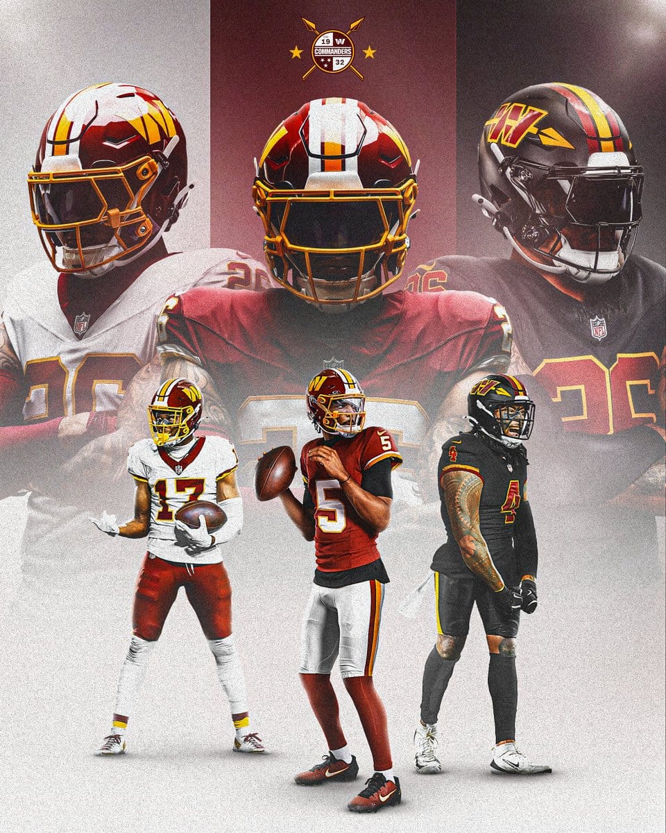 Washington Commanders 2026 Hail Raiser black alternate helmet with the Spear W logo, shown with the new uniform set