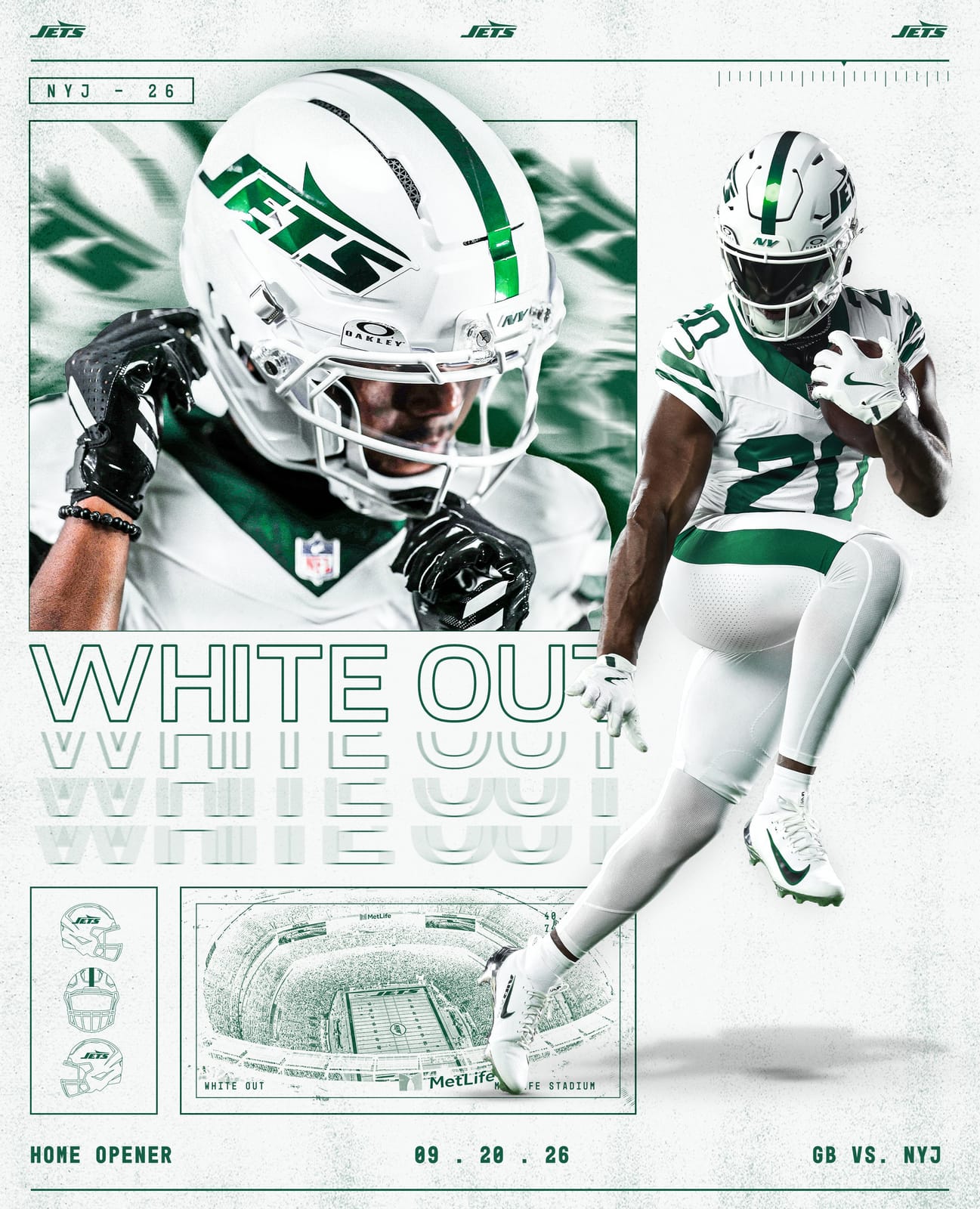 New York Jets 2026 White Out alternate helmet, an all-white shell with the green Jets logo, worn with the all-white uniform