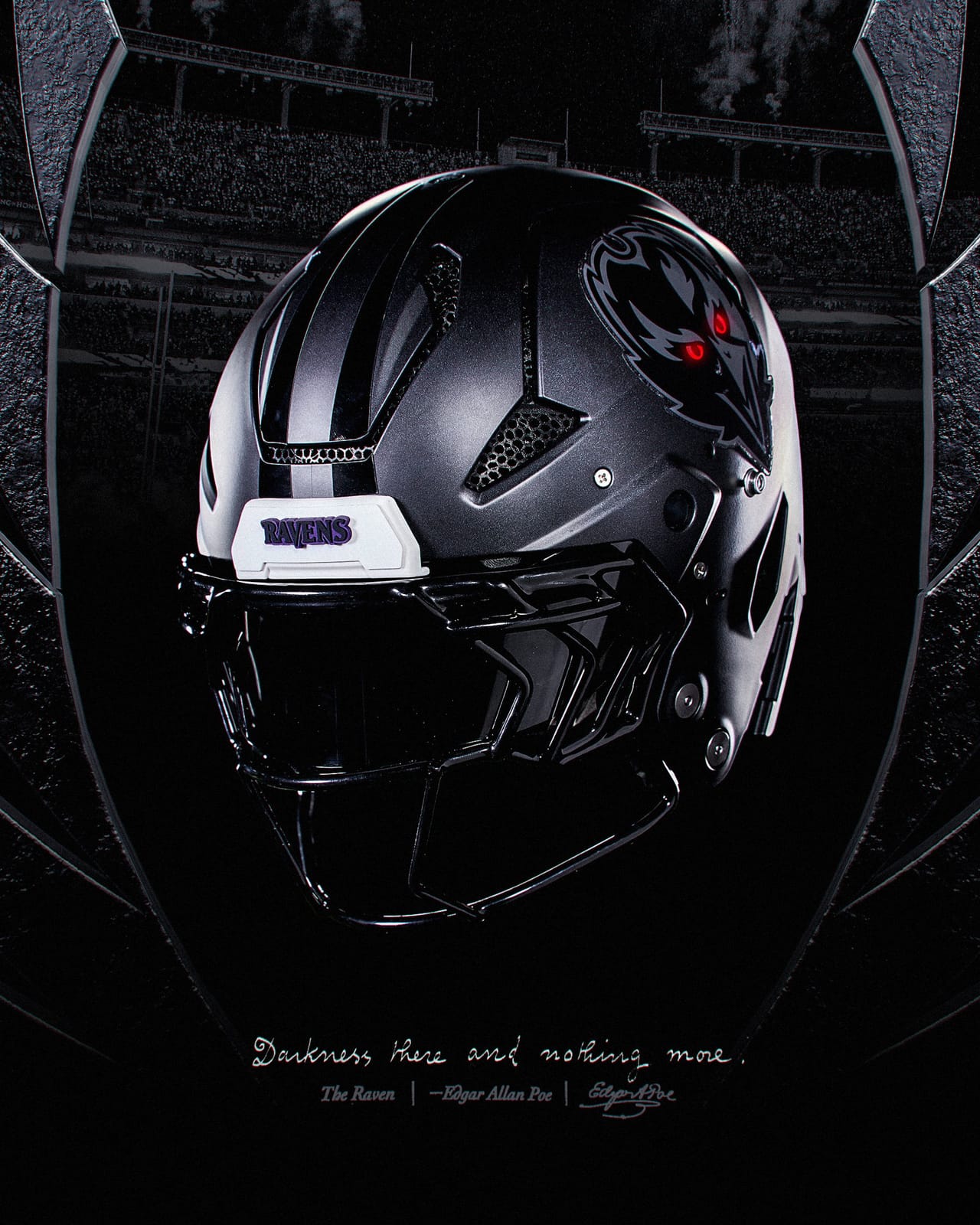 Baltimore Ravens 2026 Darkness alternate helmet close-up, a matte black shell with black talon stripes and a two-toned front-facing raven logo with red eyes