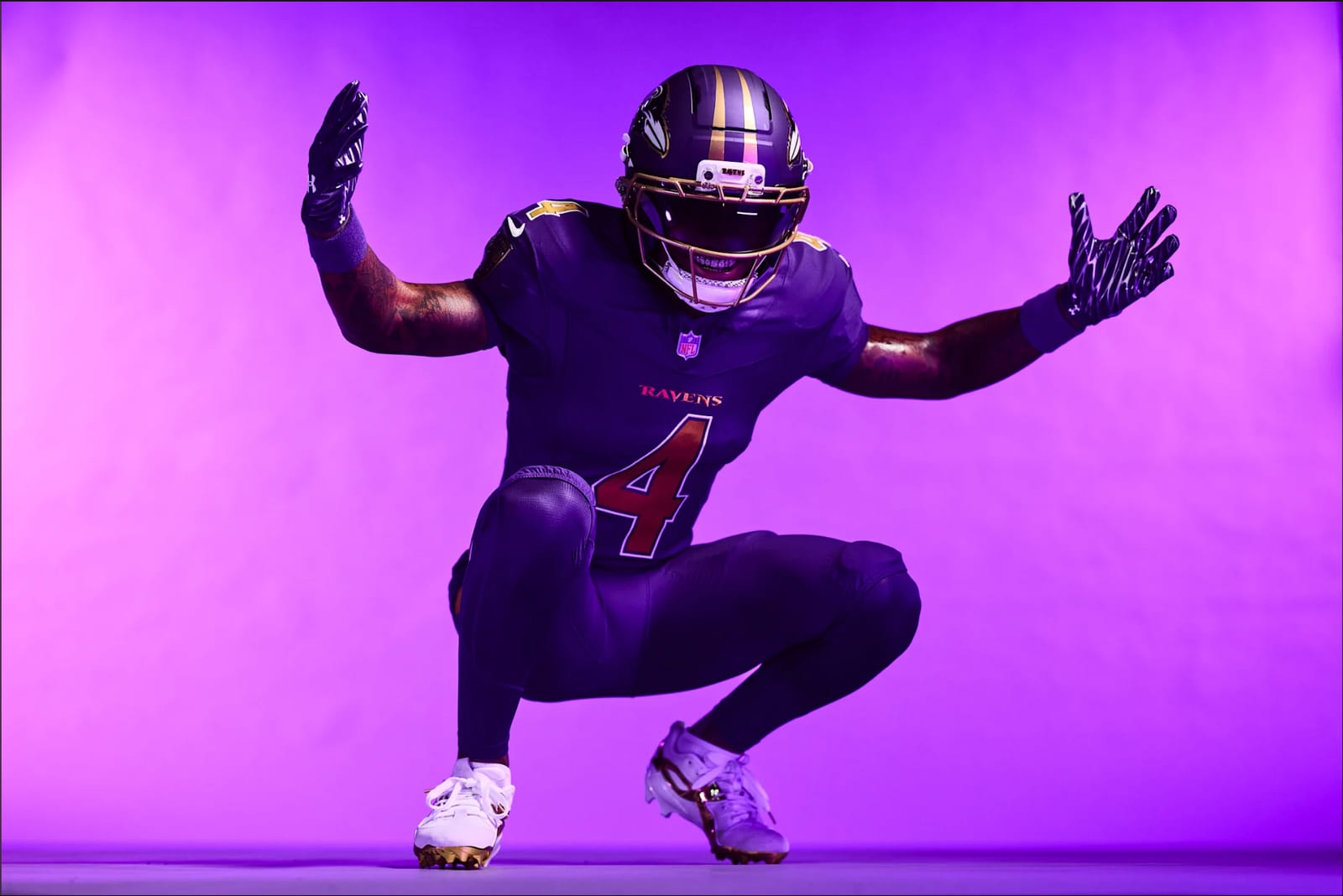 Baltimore Ravens 2026 Purple Rising alternate helmet, a metallic purple shell with a gold facemask, worn with the all-purple uniform