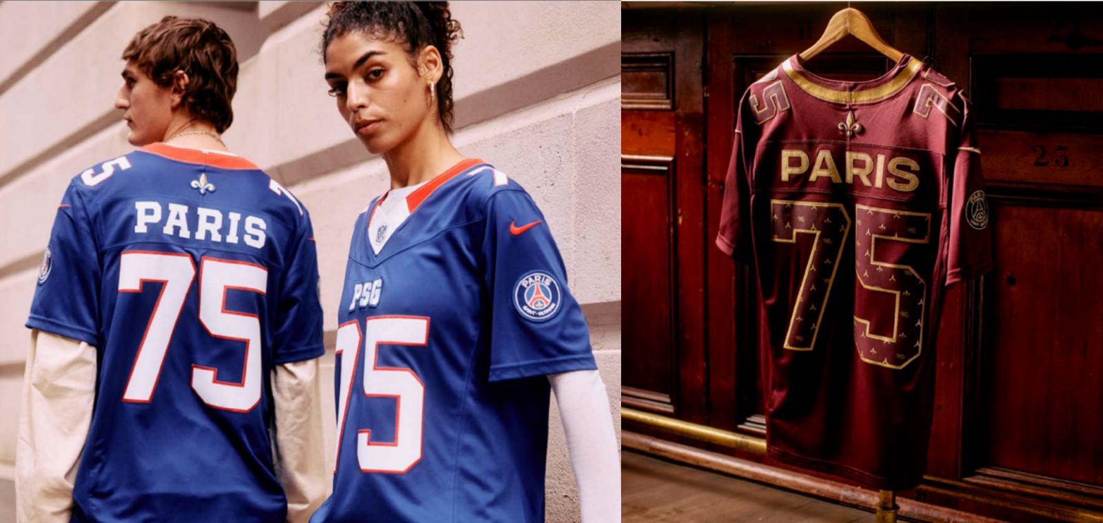 PSG x NFL jerseys for the Paris game: the blue Paris Red and Blue jersey and the garnet and gold Monogramme jersey, both with PARIS and 75