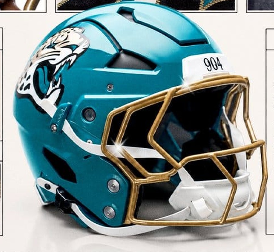 Jacksonville Jaguars Bold City helmet, a gloss teal shell with a metallic gold face mask, the sun-washed jaguar logo, and a 904 front bumper