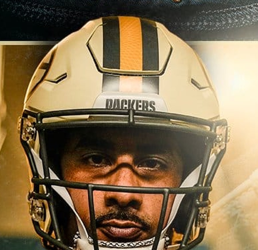 Green Bay Packers Rivalries helmet, the first matte finish in team history in cream with a green and gold center stripe and a matte green face mask