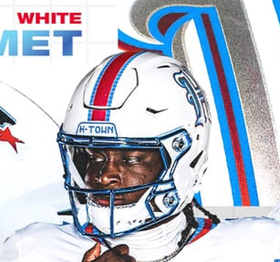 Houston Texans Rivalries helmet, the first white shell in franchise history with a tiled red and blue center stripe, chrome blue face mask, and H-TOWN front bumper