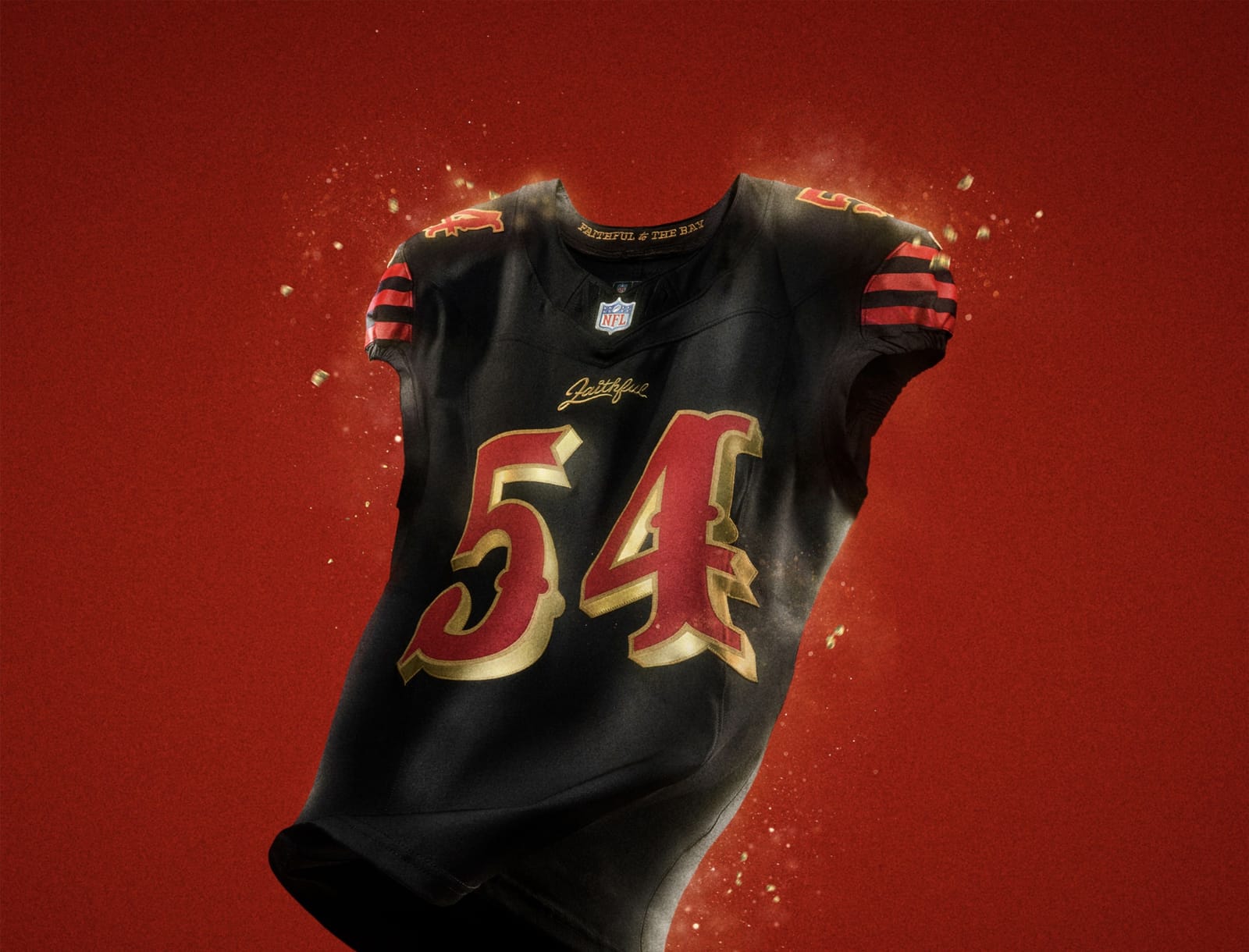 San Francisco 49ers Rivalries jersey, all black with red saloon-style numbers outlined in gold, red and black sleeve stripes, a gold Faithful script above the number and Faithful to the Bay inside the collar