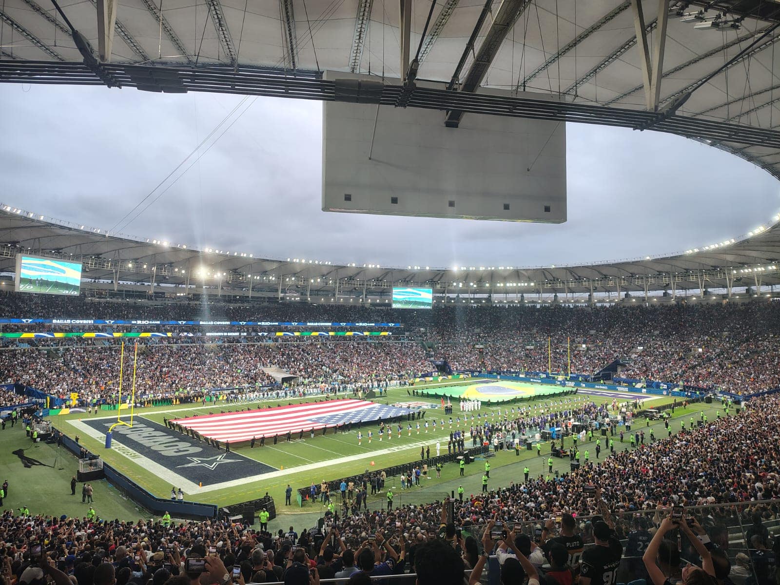 Maracana Stadium in Rio de Janeiro before the Baltimore Ravens and Dallas Cowboys game on September 27, 2026, with the Cowboys star painted in the end zone for the Dallas home game