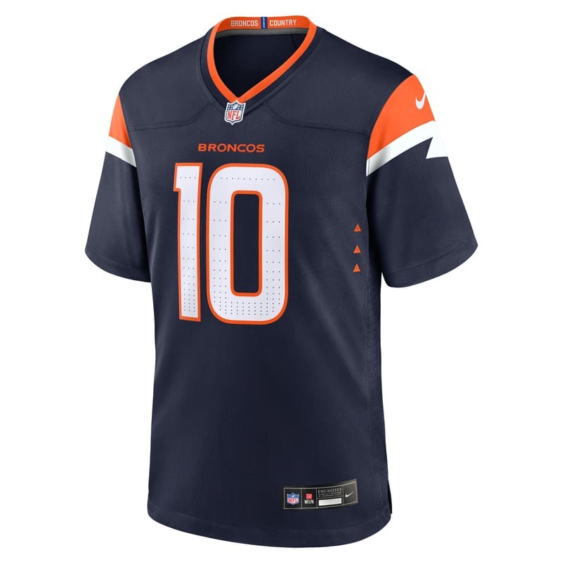 Denver Broncos Midnight Navy alternate jersey, worn against the Rams on Sunday Night Football in Week 3 of 2026