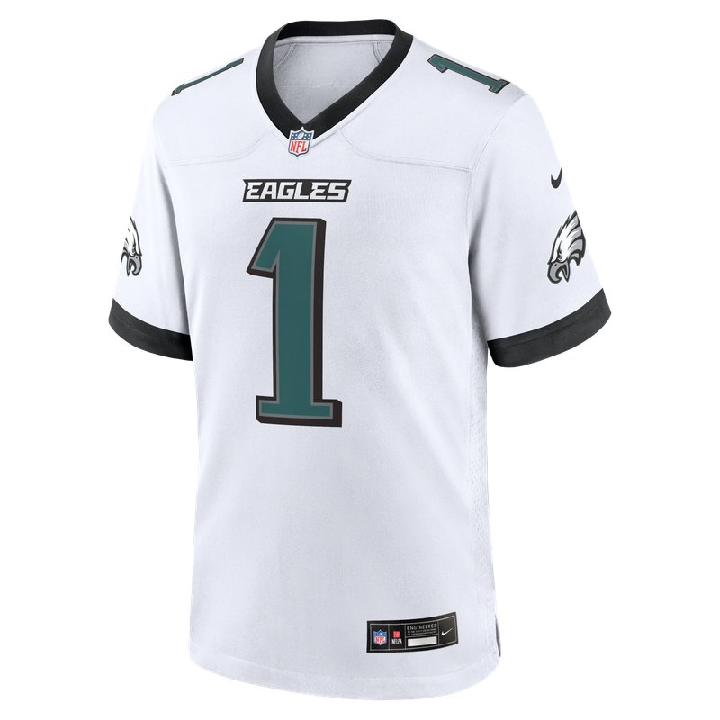 Philadelphia Eagles white road jersey, expected against Jacksonville in London in Week 5 of 2026