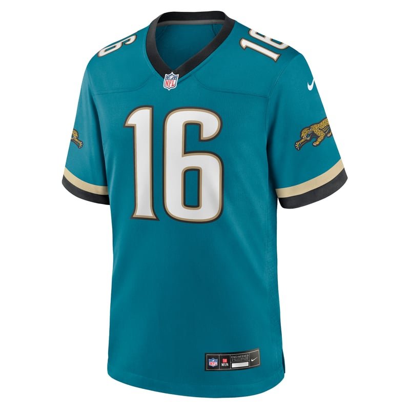 Jacksonville Jaguars teal Prowler throwback jersey, worn against the Patriots in Week 3 of 2026