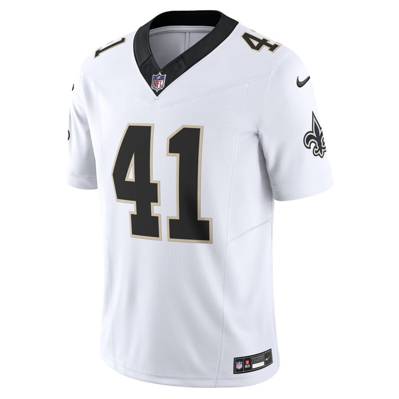 New Orleans Saints white road jersey worn Sunday September 13, 2026 against the Lions, from the ColorWay Sports NFL uniform tracker