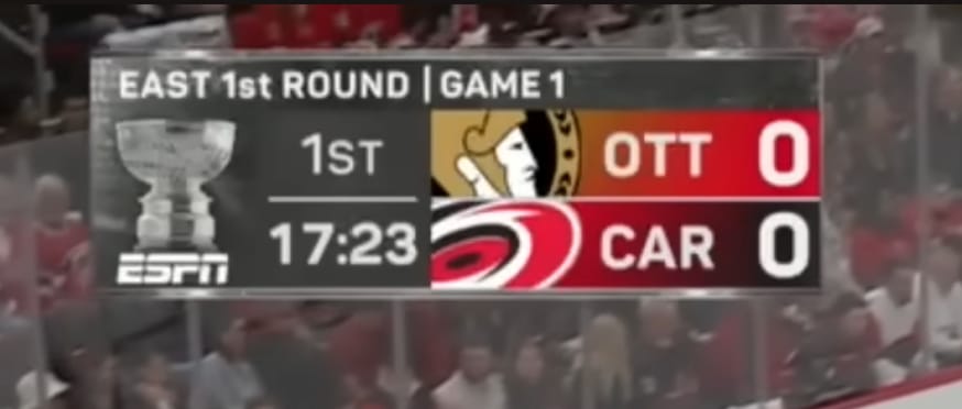 ESPN NHL Stanley Cup Playoffs 2026 scorebug with small Stanley Cup top half icon on ESPN ABC ESPN2 broadcast