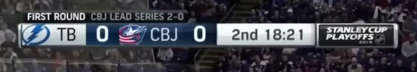 NBC 2019 NHL Stanley Cup Playoffs in-game scorebug showing Tampa Bay Lightning at Columbus Blue Jackets with First Round series status CBJ Lead Series 2-0 and Stanley Cup Playoffs 2019 logo