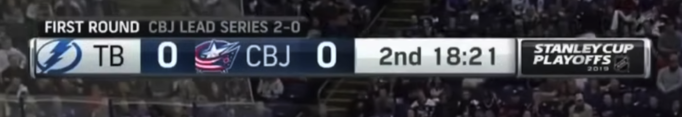 NBC 2019 NHL Stanley Cup Playoffs in-game scorebug showing Tampa Bay Lightning at Columbus Blue Jackets with First Round series status CBJ Lead Series 2-0 and Stanley Cup Playoffs 2019 logo
