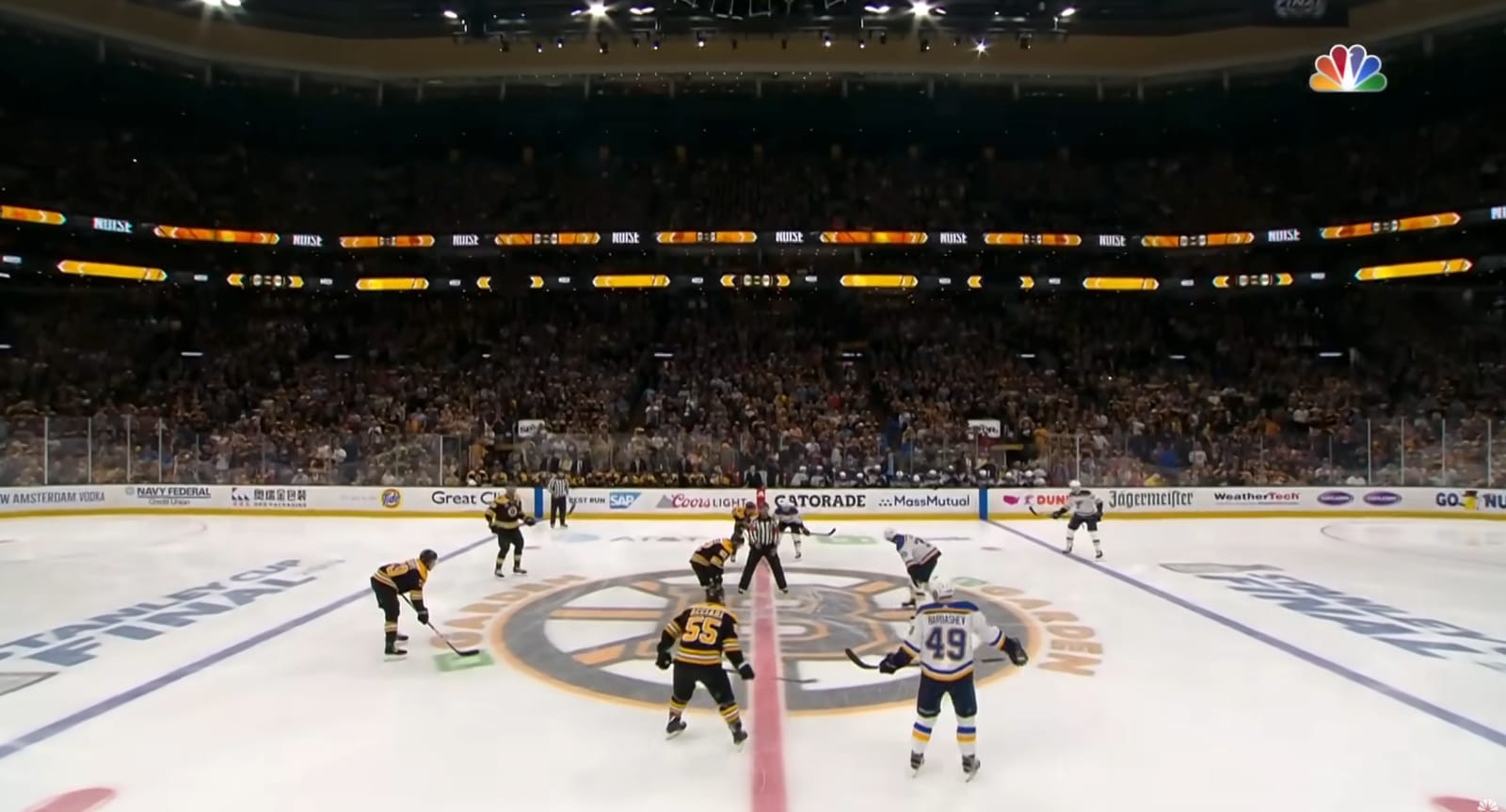 Stanley Cup Final logo painted on center ice at TD Garden during the 2019 Blues vs Bruins series, the iconic painted ice era that defined NHL playoff broadcasts