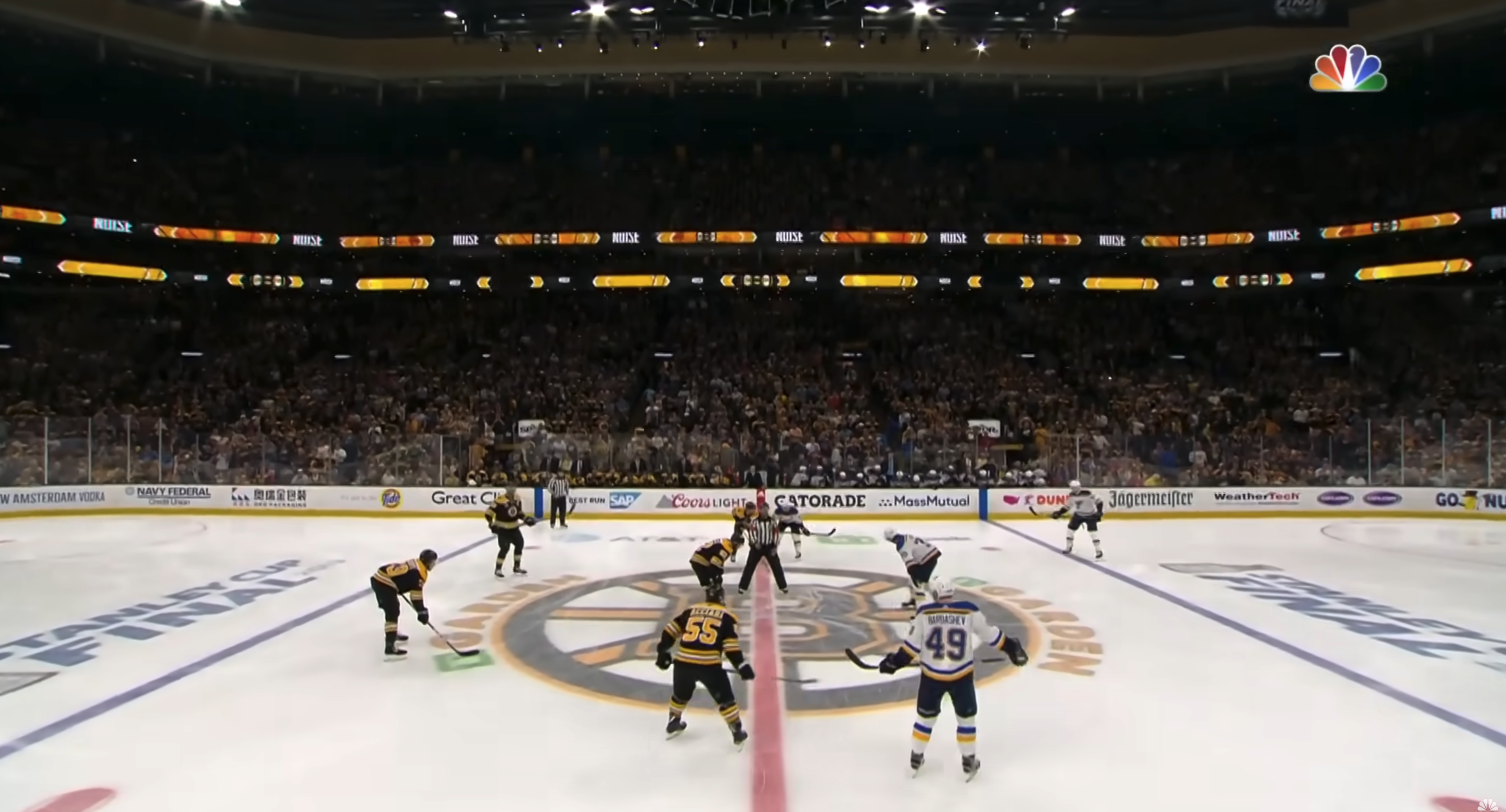 2019 Stanley Cup Final logo painted on center ice at TD Garden Blues vs Bruins