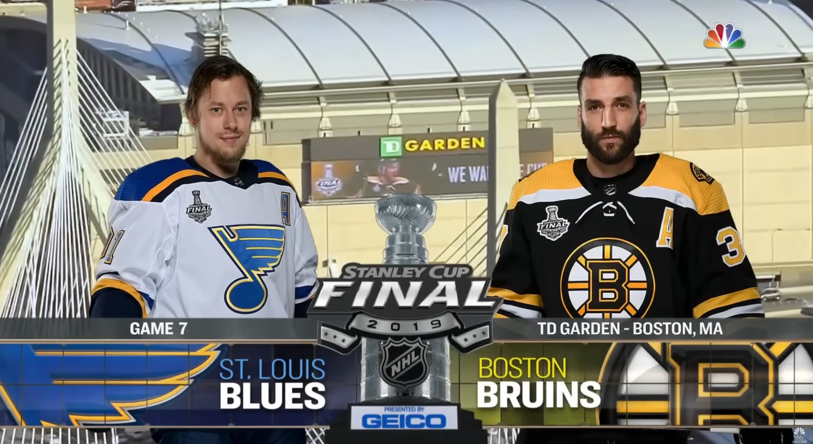 2019 NHL Stanley Cup Playoffs logo painted on the ice at TD Garden during the Blues vs Bruins Final, the standardized painted era that ran for 13 seasons