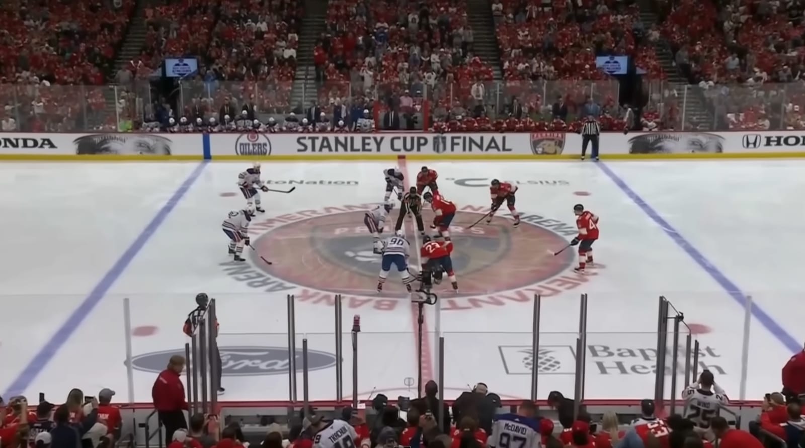 Recent Stanley Cup Final broadcast showing digital ads on boards and reduced on-ice branding compared to 2019
