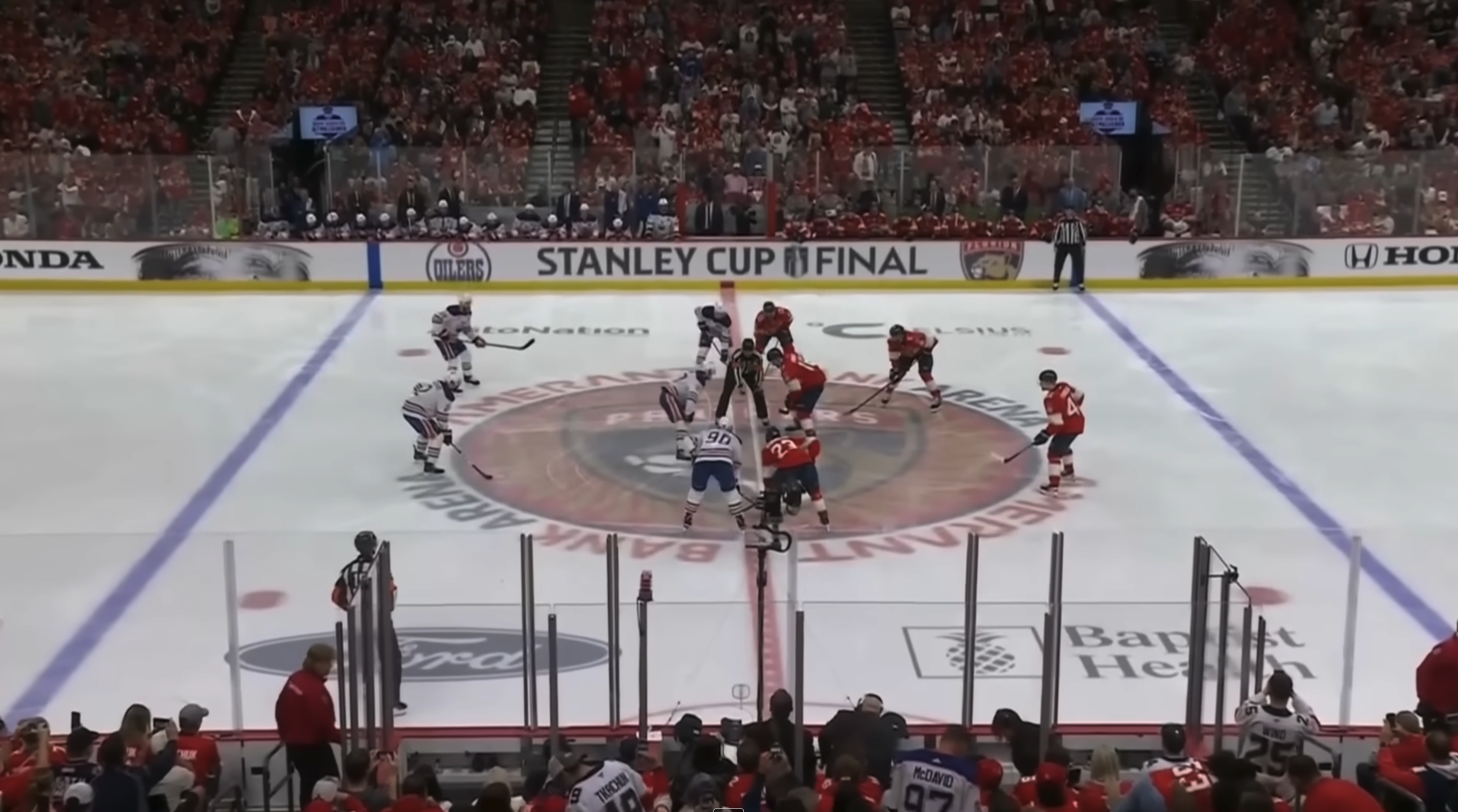 Recent Stanley Cup Final broadcast showing digital ads on boards and reduced on-ice branding compared to 2019