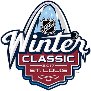 2017 NHL Winter Classic logo for Blackhawks at Blues at Busch Stadium St Louis with the Gateway Arch shield