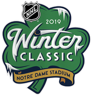 2019 NHL Winter Classic logo for Blackhawks at Bruins at Notre Dame Stadium with the Notre Dame green shamrock palette