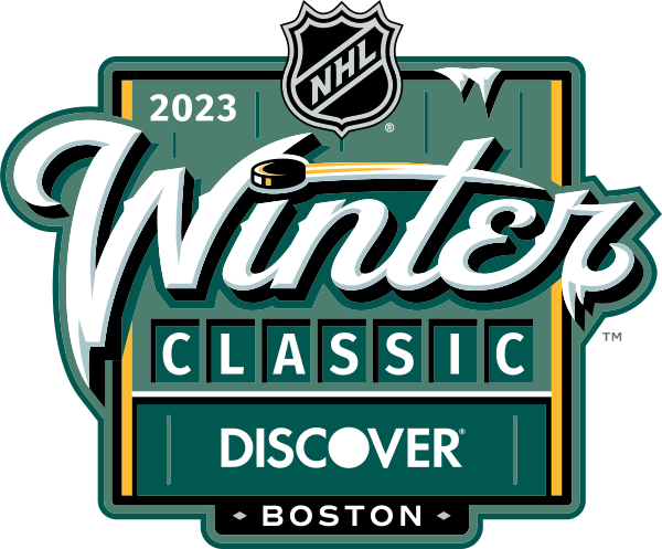 2023 NHL Winter Classic logo for Penguins at Bruins at Fenway Park with Discover title sponsorship and the Bruins centennial reference