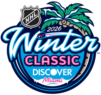 2026 NHL Winter Classic logo for Rangers at Panthers at LoanDepot Park Miami with palm trees and tropical Discover Florida palette