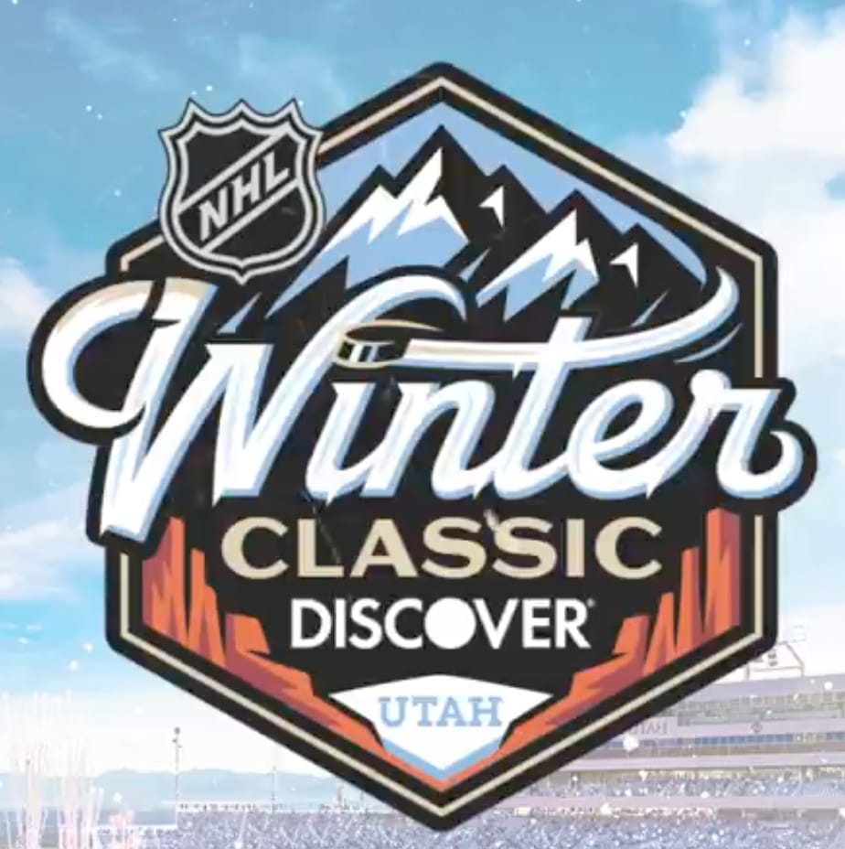 2027 NHL Winter Classic logo for the Utah Mammoth at Rice-Eccles Stadium with mountain motif Discover sponsorship and hexagonal shield format
