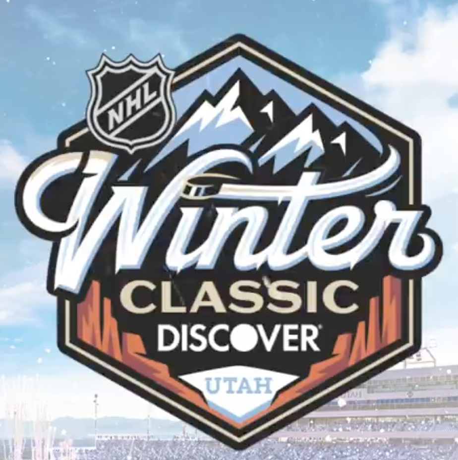 2027 NHL Winter Classic logo for the Utah Mammoth at Rice-Eccles Stadium with mountain motif Discover sponsorship and hexagonal shield format