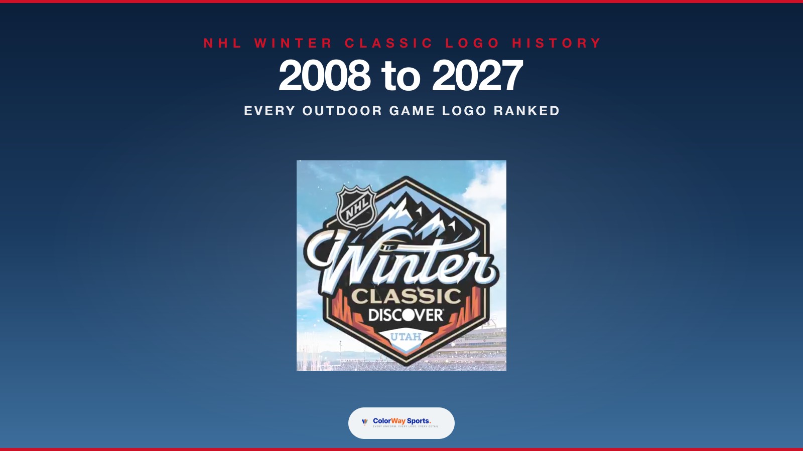 NHL Winter Classic logo history 2008 to 2027 cover showing the new 2027 Utah Mammoth Discover NHL Winter Classic logo against a navy winter gradient