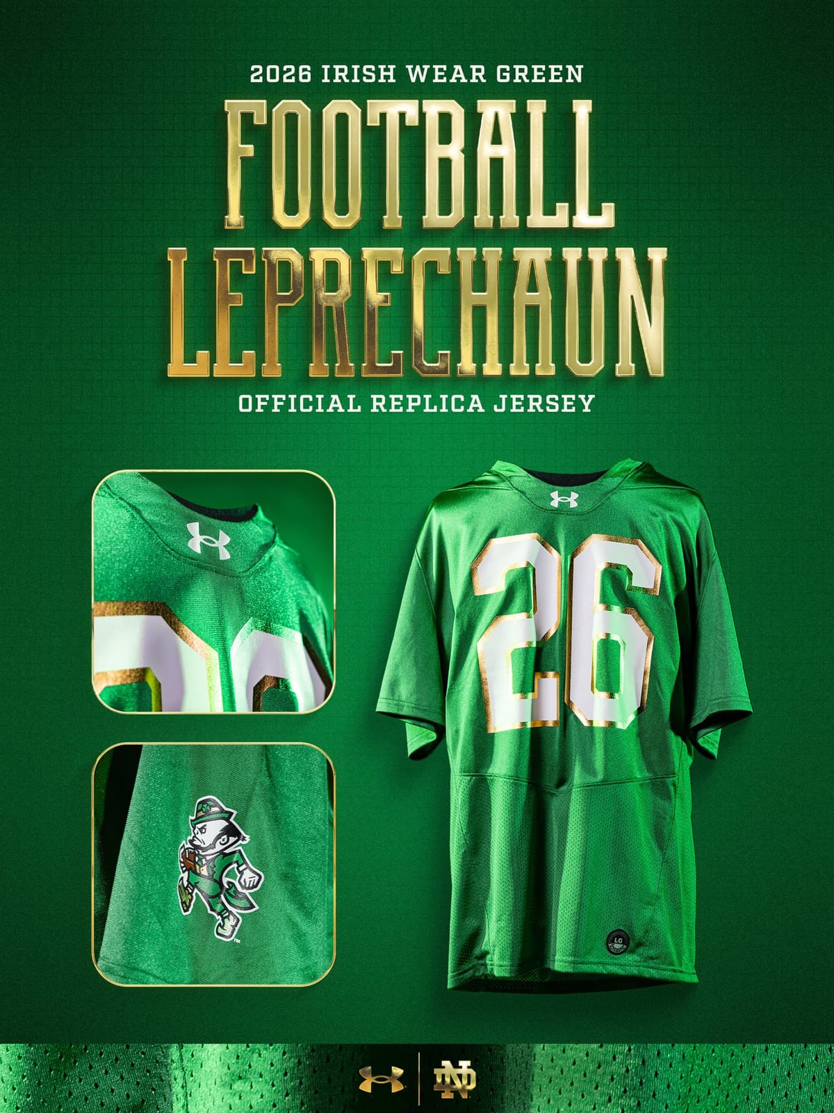Notre Dame 2026 Irish Wear Green football jersey by Under Armour with gold-trimmed white number 26 and the Fighting Irish leprechaun