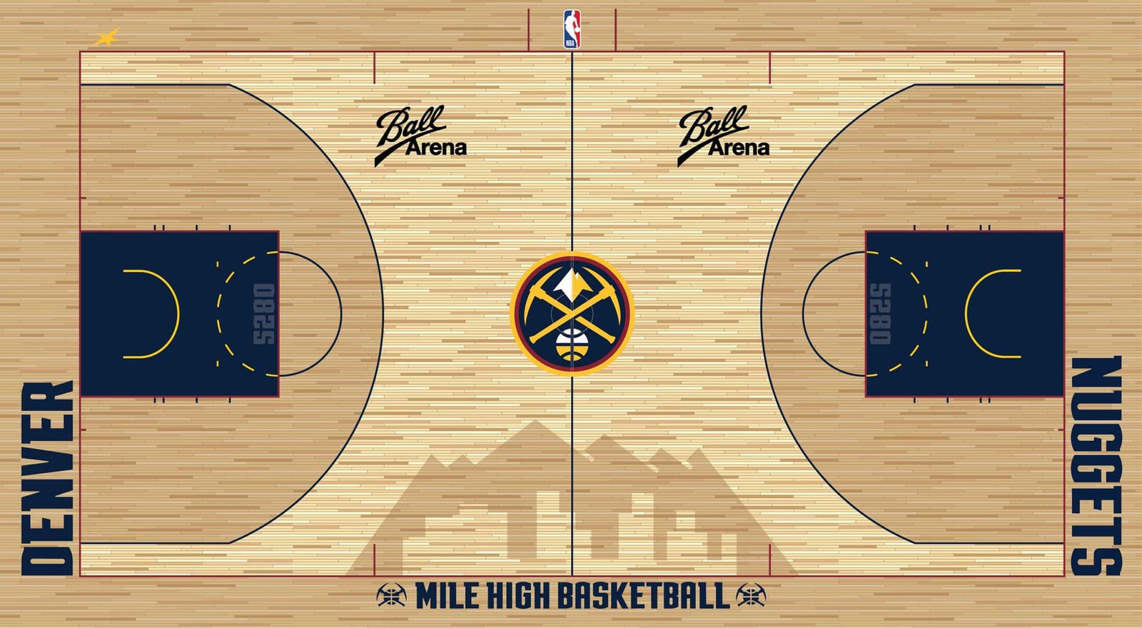 Denver Nuggets new 2026-27 court at Ball Arena, with wood borders, navy painted keys, a mountain and skyline silhouette, and a smaller center logo