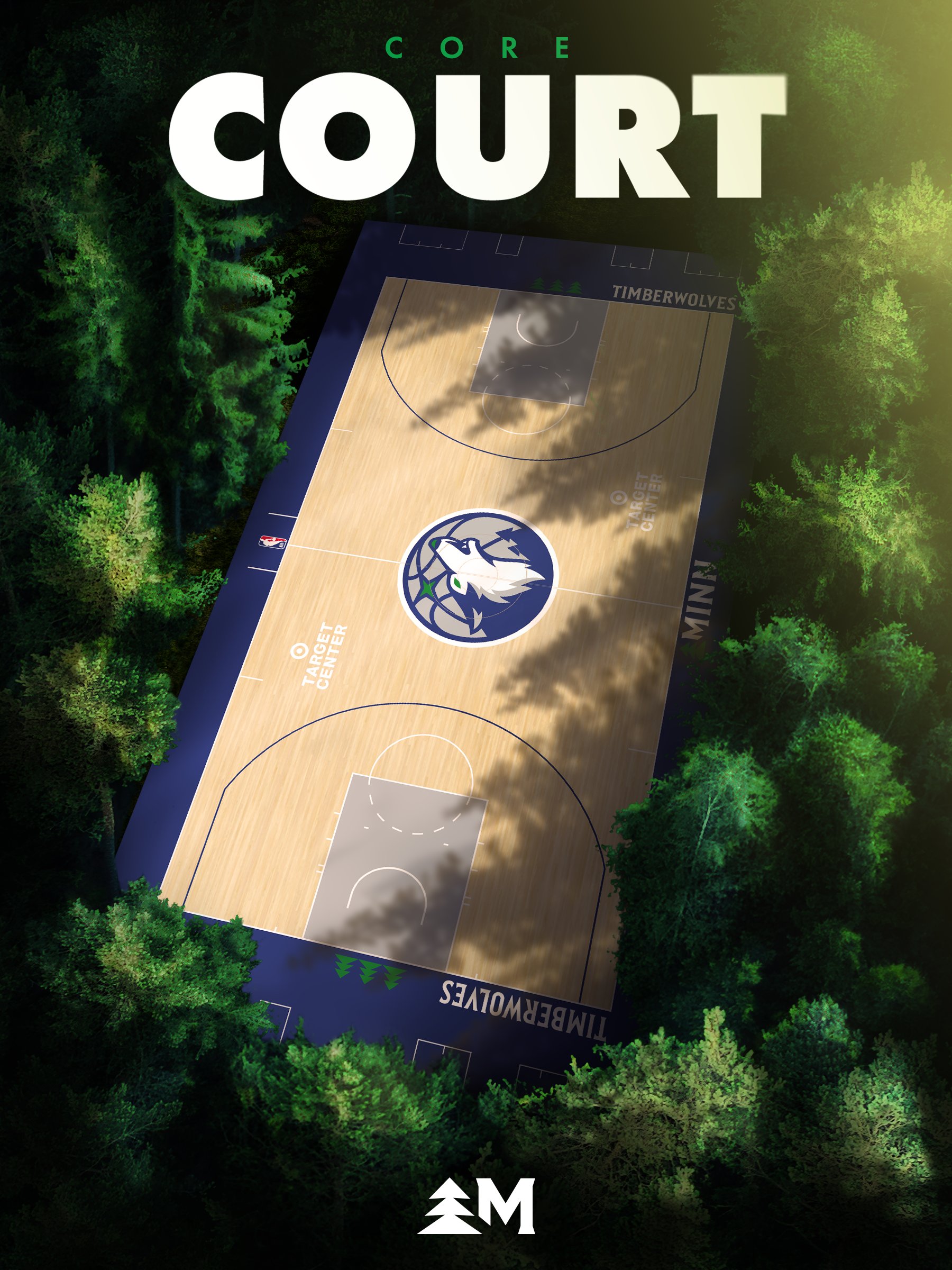 Minnesota Timberwolves new 2026-27 Core Court at Target Center officially released, the regular home floor design with the new wolf head crest at center court, gray paint color in the key, TIMBERWOLVES wordmark in green on the navy blue baselines, and a row of green pine tree silhouettes underneath each baseline