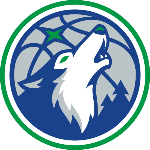 Minnesota Timberwolves new 2026-27 wolf head crest logo officially released, a howling white wolf inside a basketball with a green star, navy and silver palette inside the basketball ring, framed by a bright green outer ring, the modernized primary brand mark anchoring the entire new uniform identity