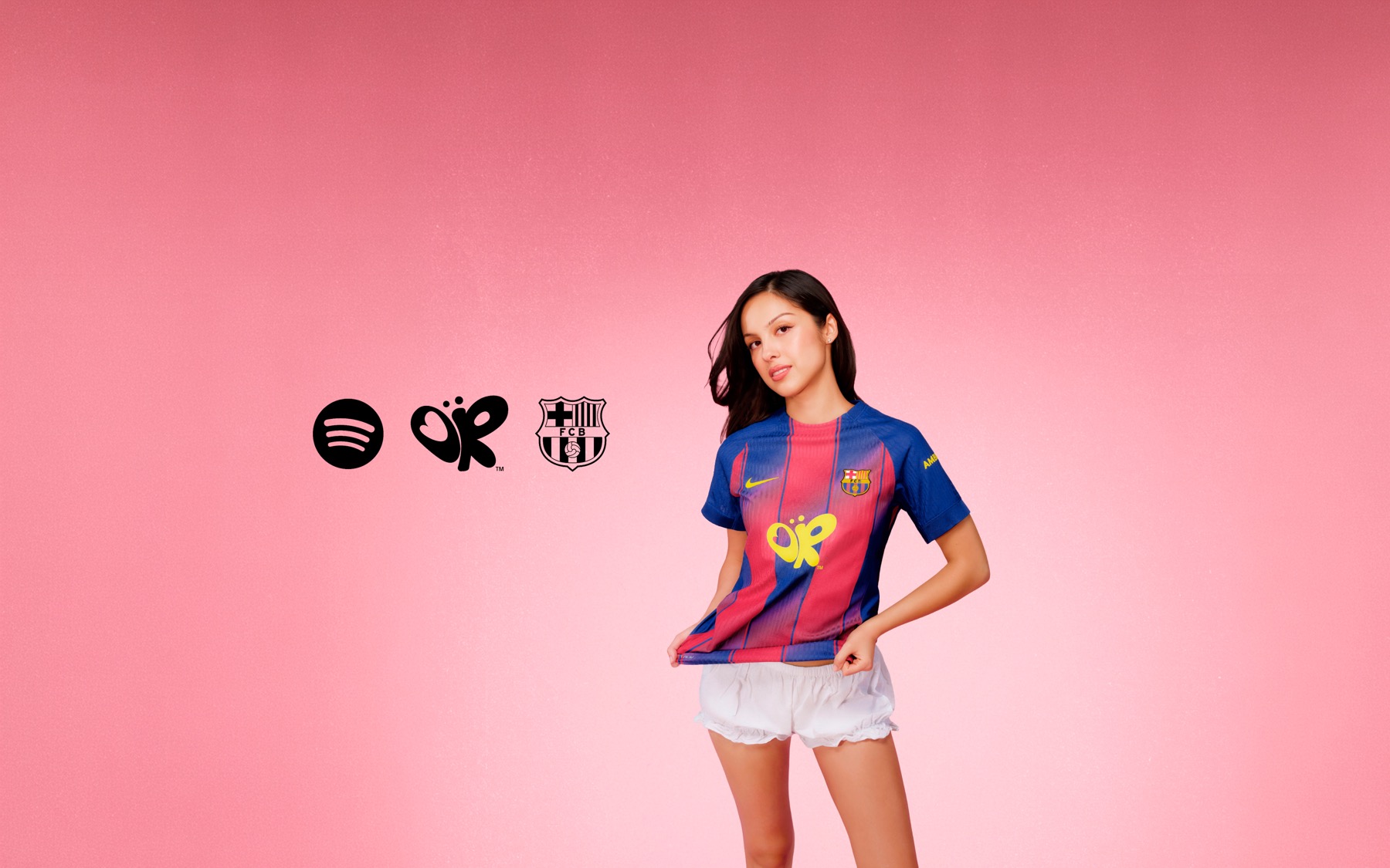 Olivia Rodrigo Spotify FC Barcelona El Clasico kit promo banner with the butterfly logo Spotify and FC Barcelona crest closing out the 2026 jersey takeover