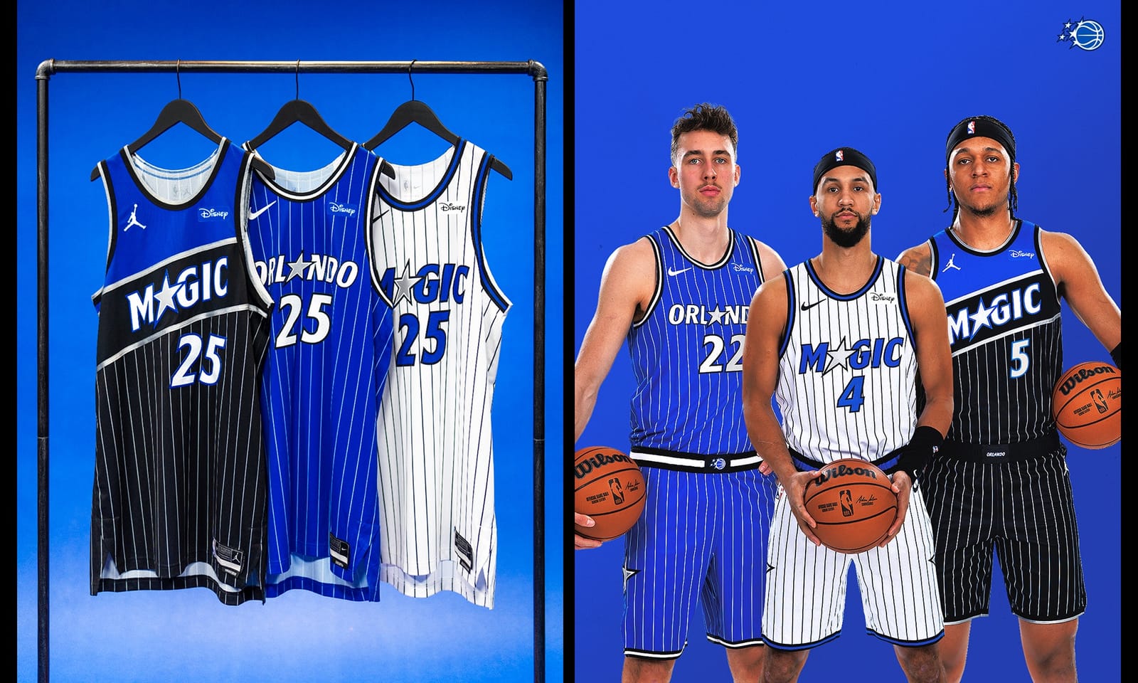 Orlando Magic 2025-26 rebrand uniforms, the Association white, Icon blue, and Statement black editions with the returning star worked into the wordmark, from the team's three-year identity redesign